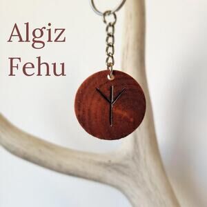 Handmade Wood Rune Keychain 'Algiz & Fehu'